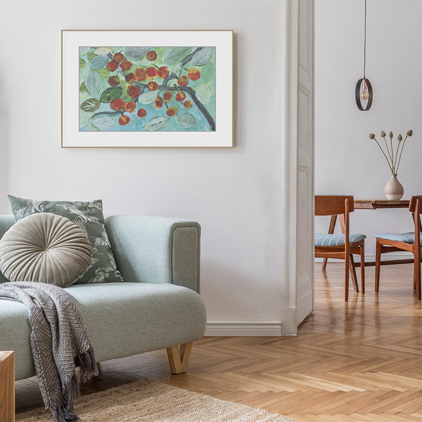 Classic artwork with border displayed in living room